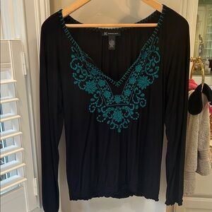 INC International Concepts Black Blouse with Teal Embroidery